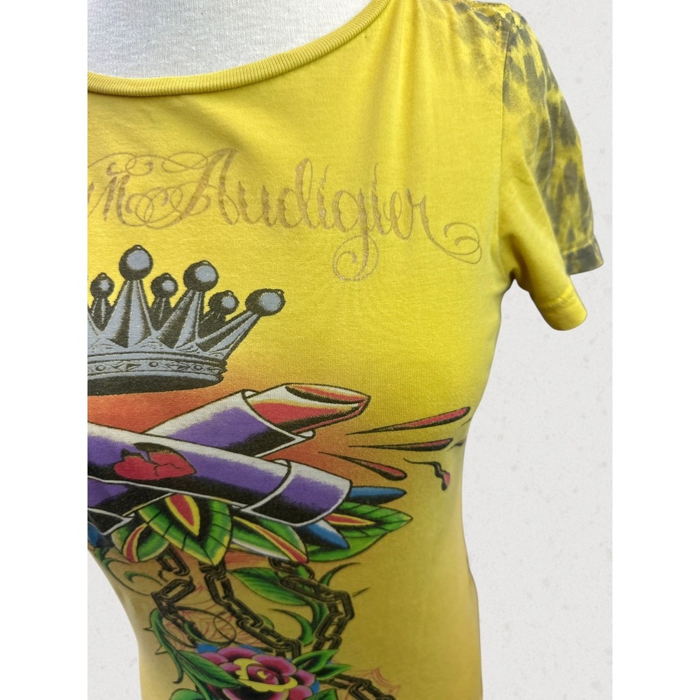 Christian Audigier Y2K Graphic Tee Leopard Crown Wings Yellow Top M Tattoo Art - Picture 10 of 16